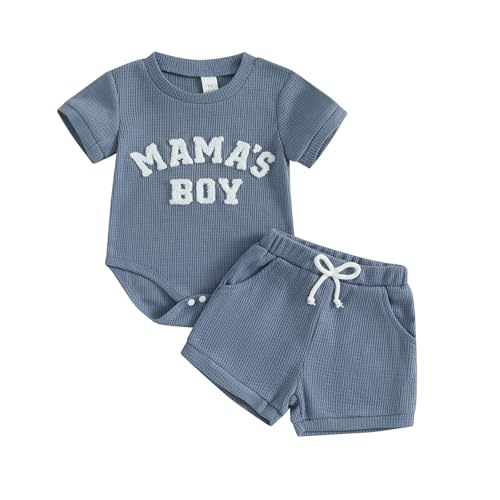 ZAXARRA Newborn Baby Boy Summer Outfits Mama's Boy Little Dude Letter Embroidery Romper Solid Shorts Infant Waffle Clothes