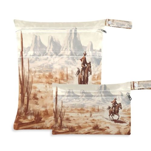 Vintage Western Cowboy Wet Dry Bag for Baby Cloth Diaper Waterproof Reusable Travel Wet Bag with Two Zippered Pockets for Swimsuits, 2 Pcs