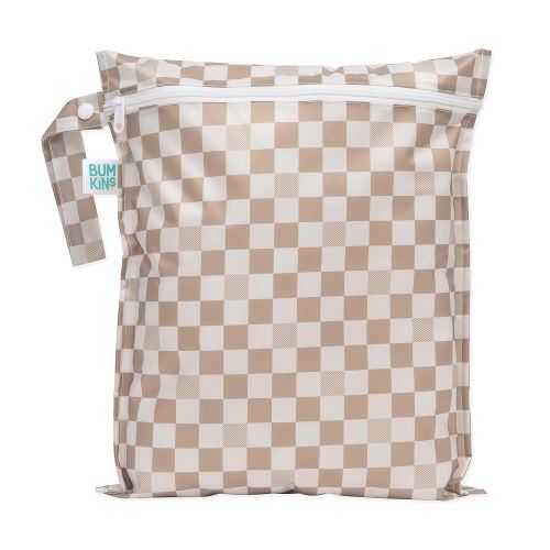 Bumkins Waterproof Wet Bag for Baby, Travel, Swim Suit, Cloth Diapers, Pump Parts, Pool, Beach, Gym Clothes, Toiletry, Hook to Stroller, Daycare, Zipper Reusable Wetdry Packing Pouch, Beige Check