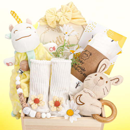 Baby Girl Gifts, for Girls,Newborn Essentials Baby Girl Basket,Wooden Baby Gift Basket Swaddle Blanket Rattle Toy Headband Bow Infant