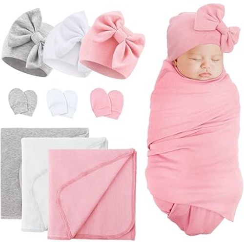 DRESHOW BQUBO Newborn Receiving Blankets Cotton Warm Sleepsack with Mittens & Bow Hats Hospital Baby Swaddling Shower Gift