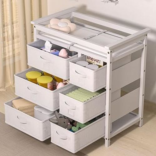 Glaf Baby Changing Table Dresser with 6 Storage Drawers and Pad Topper Changing Diaper Station Multifunctional Changing Nursery Organizer Table for Newborn Baby and Infant (White)