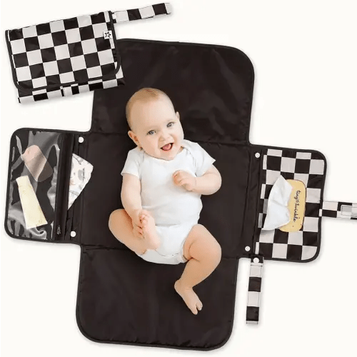 Tiny Twinkle Portable Diaper Changing Pad | Foldable, Waterproof & Compact Travel Changing Mat with Storage | Smart Wipes Pocket for On-The-Go Parents | Newborn Shower Gift (Black Checkers)