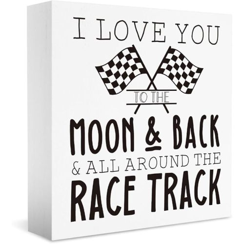 Funny Car Themed Room Decor, I Love You To the Moon And Back Sign, Racing Checkered Decor, Home Office Desk Decor Gifts for Racing Fans 5 X 5 Inch