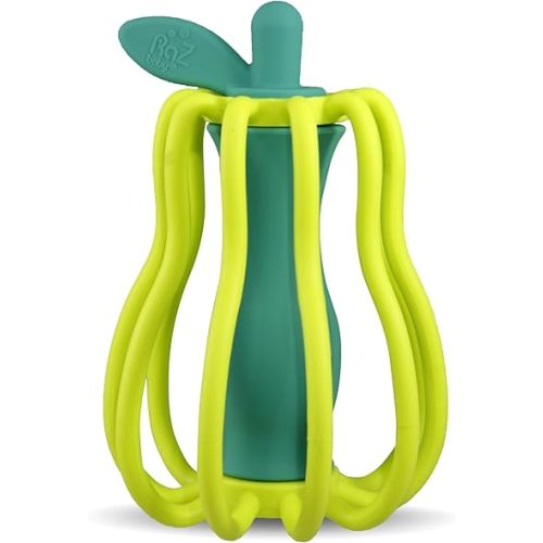 RaZbaby RaZ-Pear Silicone Teether & Rattle Toy – Soft, Flexible & Easy to Hold, Soothing Sounds for Entertainment, Textured for Teething Relief, Nipple-Shaped Stem for Comfort – BPA-Free, 3M+