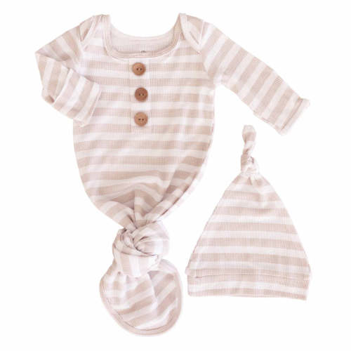 Latte Stripes Waffle Newborn Baby Knot Gown & Hat Set