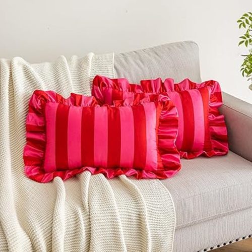 vctops Ruffle Lumbar Throw Pillow Covers Boho Pink and Red Striped Decorative Pillowcases Set of 2, Soft Velvet Accent Cushion Cover Cases for Sofa Bed Living Room Decor (Pink,12"x20")