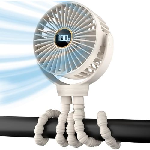 Portable Stroller Fan, Small Battery Powered Fan w/ 360° Rotation, 3-Speed, Rechargebale Mini Personal Fan w/Display, Stroller Accessories Gift for Car Seat, Crib, Bike, Treadmill, Beige