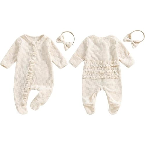 BemeyourBBs Newborn Baby Girl Clothes Ruffle Baby Sleeper Zipper Footie Romper Playsuit with Headband Outfit