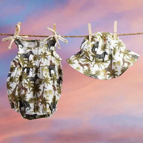 Infant Woven Animal Print Bubble Romper and Hat Set