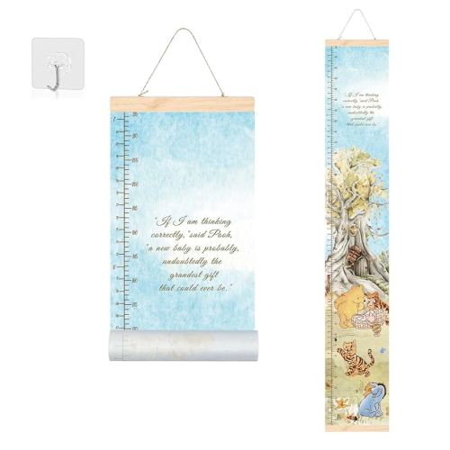 Winnie Canvas Growth for Baby Boy and Girl Nursery or Toddler Room Wall Decor for Kids Removablr Roll Up Height Chart with Wooden Frame