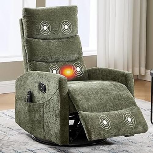 Manual Swivel Rocker Recliner Chair for Adults, Overstuffed Reclining Glider Chair for Nursing with Vibration Massage & Heat, Living Room Rocking Recliner 3-Stage backrest, Chenille Fabric Green