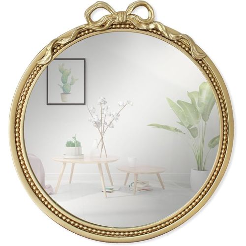 15.75" Gold Bow Decorative Round Mirror, Small Metal Frame Hanging Circle Mirror, Wall Mounted for Entryway, Bathroom, Vanity, Living Room