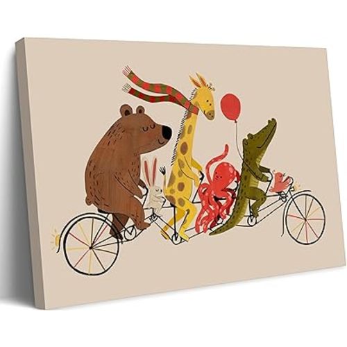 Funny Animal Canvas Wall Art Colorful Animals Bike Parade Picture Nursery Wall Decor Bird Crocodile Giraffe Rabbit and Bear Pedaling Poster Painting Prints Artwork for Kids Boys Girls Room Playroom