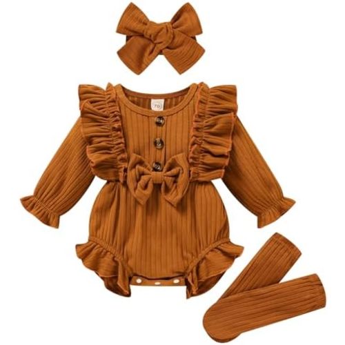 GRNSHTS Newborn Baby Girl Clothes Ruffle Solid Sweater Long Sleeve Romper+Hairband+Socks 3Pcs Fall Winter Outfits