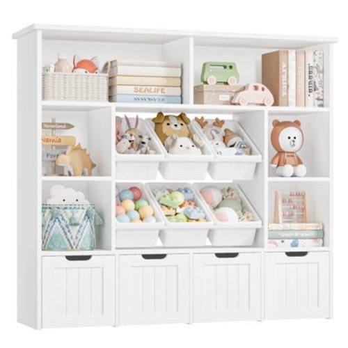 Hiphuta Large 4 Tier Kids Bookcase, Wood Toy Organizer of 6 Boxes & 4 Removable Drawers, Bookshelf for Kids Room, White