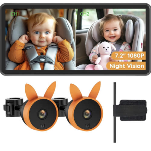 BV3 PRO Baby Car Camera for 2 Kids - 7.2" Large HD Display Dual Channel Baby Monitor, 1080P IR Night Vision Car Seat Camera, Easy Install Rear-Facing View – Ideal for Kids and Pet Safety