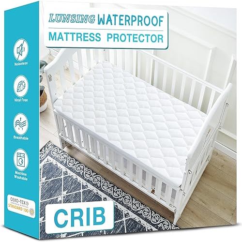 Lunsing Waterproof Crib Mattress Protector, Soft Breathable Crib Size Mattress Pad Cover, 3-10 inches Deep Pocket, White