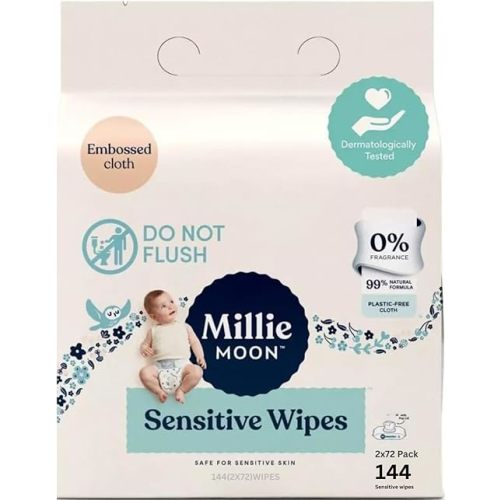 Millie Moon Sensitive Baby Wipes, Plastic-Free, 99% Natural Formula, 144 Count