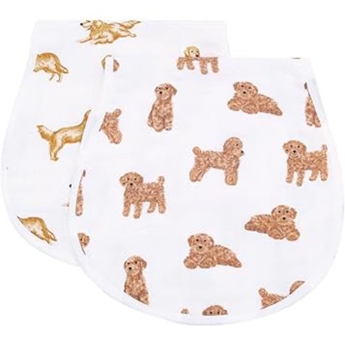 LifeTree Muslin Baby Burp Cloths - 2 Pack 70% Viscose from Bamboo and 30% Cotton Large 22'' by 10'' Absorbent Milk Spit Up Rags - Burping Cloths for Newborn, Girls Boys, GoldenRetriever & PoodleDog