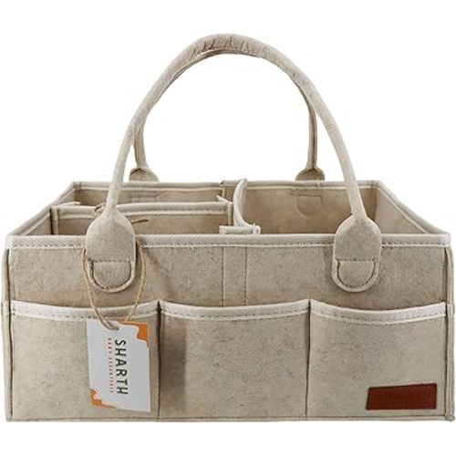 Sharth Baby Diaper Caddy Organizer with Upgraded Stitched Edges – Foldable Felt Nursery Organizer with Handle, Removable Dividers & 8 Outer Pockets, Portable Baby Shower Registry Gift (Beige)
