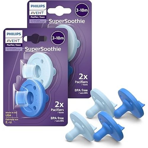 Philips Avent Soothie 3-18 Months Orthodontic Baby Pacifiers, 100% Silicone Pacifiers, One Piece, BPA-Free, 2 Sky Blue and 2 Light Blue, 4 Pack, Model SCF192/71