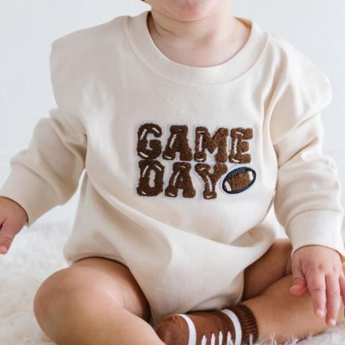 Game Day Patch Long Sleeve Romper, Natural - Sweet Wink | Maisonette