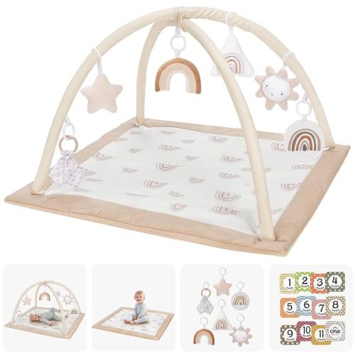 Washable Tummy Time Mat, Baby Play Gym with 6 Featured Toys and 12 Milestone Cards, Baby Gym for Infant & Toddler, Deluxe Larger Baby Play Mat, Baby Play Mats for Floor, Non Slip Mats