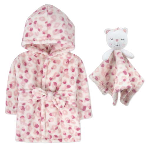 Baby Essentials Hooded Bathrobe with Tie Closure & Matching Minky Blanket Doll for Newborns, Infants and Toddlers 0 9 Months for Bath and Lounge in Cheerful Cheetah with Kitten