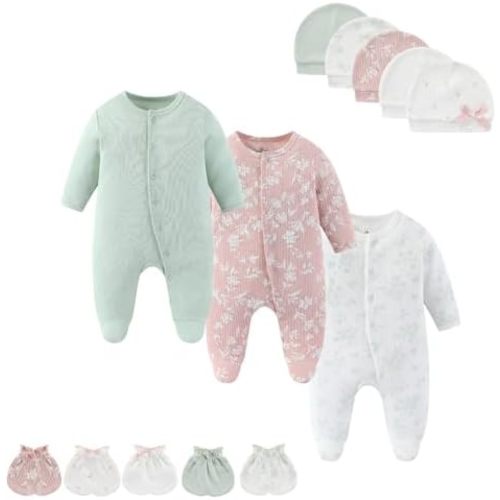 Baby Boy Girls Clothes 2-Way Zip Footed Long Sleeve 100% Cotton,Newborn Caps and Scratch Mittens Set 0-6 Months