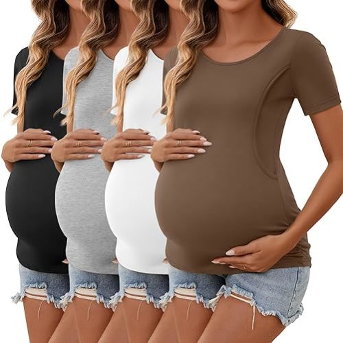 Ficerd 4 Pack Nursing Tops Cotton Short Sleeve Maternity Shirts for Women Double Layer Breastfeeding Tees Pregnancy Clothes
