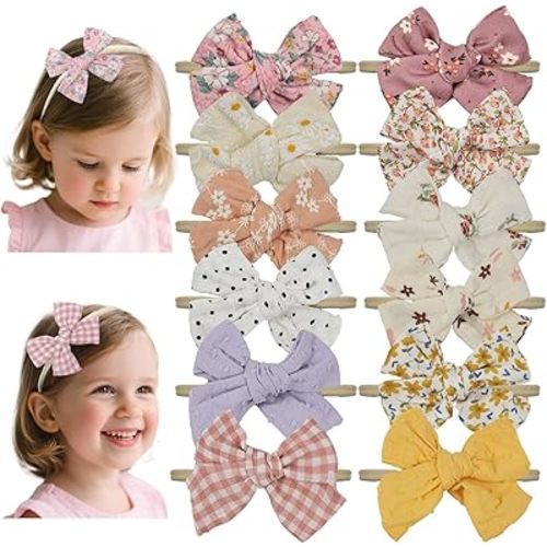 Baby Girls Floral Hair Bow Headbands 12 PCS, Flower Bow Stretchy Elastic Hairband for Newborn Infant Toddlers (pink NB 12 pcs)