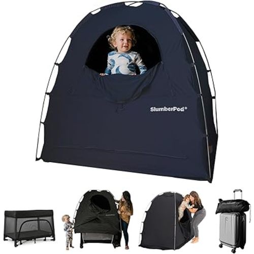 SlumberPod Portable Privacy Pod Blackout Canopy Crib Cover, Sleeping Space for Age 4 Months and Up with Monitor Pouch and Zipper, Blackout Cover, Travel Crib Canopy (Navy, Standard (No Fan))