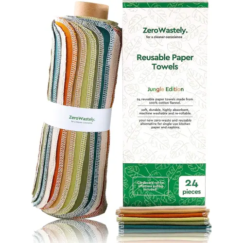 Reusable Paper Towels - Value Pack of 24 Paperless Towels! 100% Cotton, Super Soft, Absorbent, Washable and Made To Last Cut Back Waste Less with our Cloth By ZeroWastely
