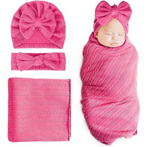 DRESHOW BQUBO Newborn Receiving Blanket Toddler Warm for Girls with Matching Bow Hat and Bow Headband Shower Gift