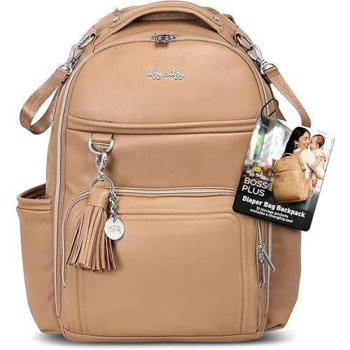 Itzy Ritzy Diaper Bag Backpack – Large Capacity Boss Plus Baby Backpack Diaper Bag Featuring 19 Pockets, Changing Pad, Stroller Clips, and Comfortable Backpack Straps, Chai