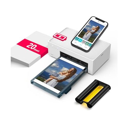 Liene White M200 4x6'' Photo Printer Battery Edition, Wireless Photo Printer for iPhone Android, Dye Sublimation Printing Full-Color Photo 20-Sheet, Portable Picture Printer Ideal for Travel Home Use