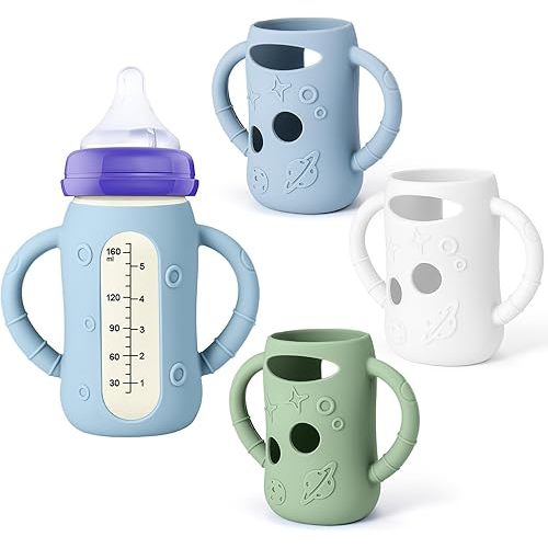 Mity rain 3 Pack Silicone Sleeves for Lansinoh Glass Bottles 5 OZ - Anti Breakage Baby Bottle Holder, Compatible with Lansinoh Glass Bottles for Babies with Handle