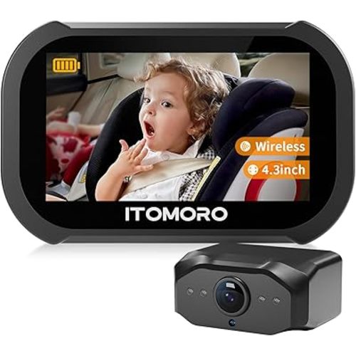 Itomoro Wireless Baby Car Camera, Rechargeable Car Baby Monitor with 4.3" HD 1080P Night Vision Display, Backseat Mirror for Kids Max Range 1000FT, Easy Installation 360° Rotatable Rear Facing Camera