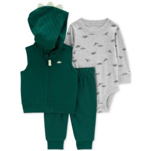Baby Boys Quilted Dinosaur Little Vest, Dinosaur-Print Bodysuit & Pants, 3 Piece Set