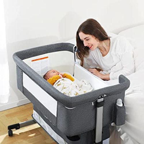 Ihoming Baby Bassinet Bedside Sleeper, Baby Bed Side Crib with Storage Basket, Easy Folding Bassinets, Adjustable Baby Bed for Infant Newborn, Gray