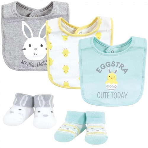Hudson Baby Unisex Baby Cotton Bib and Sock Set, Eggstra Cute, 0-9 Months, 5-Piece
