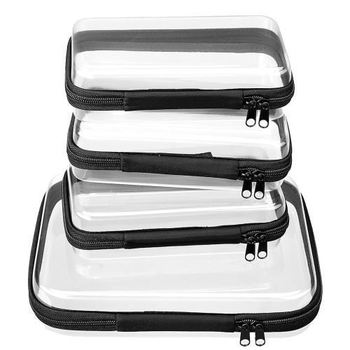 4 pcs Clear Zipper Pouches,Hard Shell Zipper Case, Toiletry Bag for Travel, CLear Diaper Bag, Toiletry Pouch, Travel Organizer, Clear Cosmetic Bag,Toy Storage Bins (M+3S)(Black)