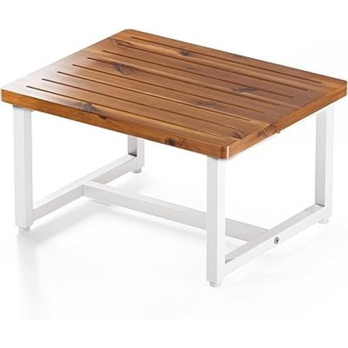 Holana 9" Wooden Step Stool for Adults - Acacia Wood One Step Stools for High Beds Riser - 500 Lbs Heavy Duty Step Stool - Stepping Stool Bathroom for Elderly, Kid, Bed, Kitchen (White Steel + Acacia)