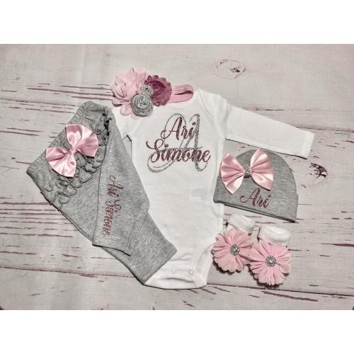 Baby Girl Coming Home Outfit Baby Girl Clothes Personalized Newborn Girl Outfit Take Home Outfit with Name New born Monogram Mauve Pink Gray
