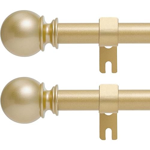 Gold Curtain Rods for Windows 28 to 48 Inch, 2 Pack 5/8" Diameter Heavy Duty Metal Stainless Steel Adjustable Small Drapery Rod With Bracket