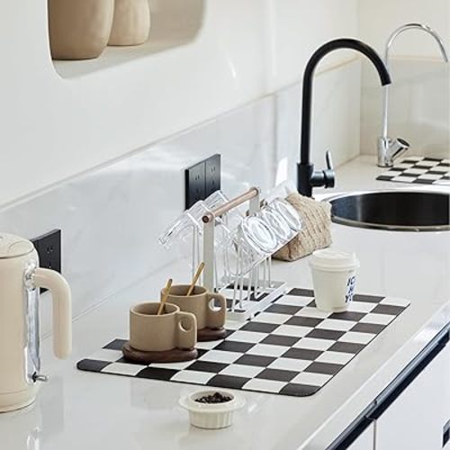 Checkered Dish Drying Mat for Kitchen Counter, Coffee Bar Station Accessories, Retro Cute Aesthetic Modern Absorbent Drainer Mat Kitchen Drying Mat Easy Clean, Black 16" x 24"