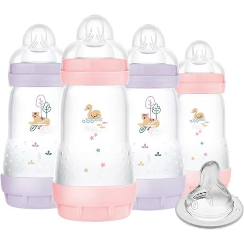 MAM 9oz Easy Start Anti-Colic Baby Bottles, Medium Flow with Bonus Fast Flow Nipple, Breastfeeding-Like Silicone, Reduces Colic and Gas, Easy-to-Clean, BPA-Free, 2 Plus Months