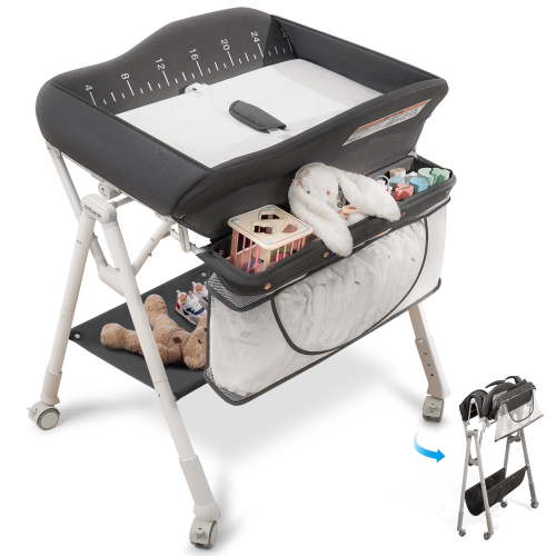Babyeap Baby Changing Table with Wheels, Portable Foldable Diaper Changing Station with Adjustable Height & Waterproof Pad, Nursery Organizer Storage for Newborn & Infant