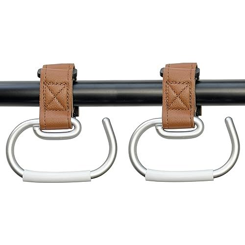 2 Pcs Stroller Hooks, Mommy Stroller Clip and Stroller Accessories Organizer Hook, Brushed Aluminum Hook for Strollers/Walkers/Mobility Scooter/Wheelchair/Rollator(Brown)